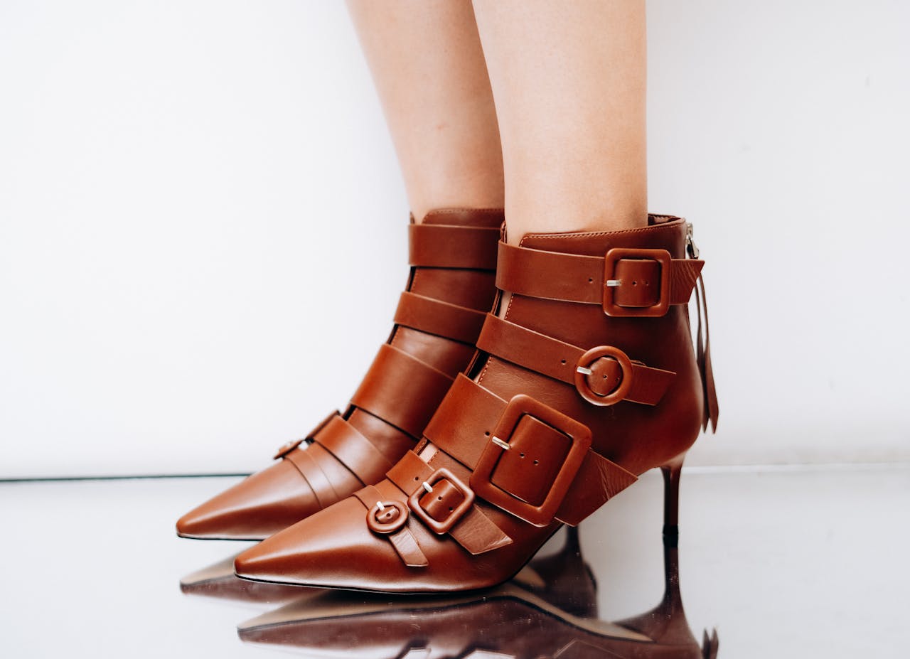 Close-up of fashionable brown leather buckle ankle boots perfect for stylish outfits and trend setting.